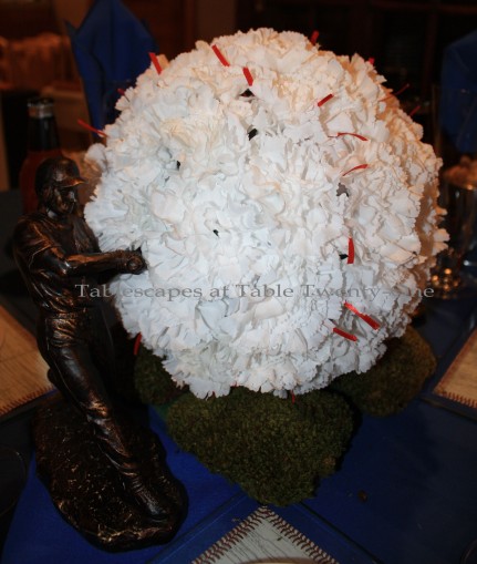White carnation "baseball" for Boys of Summer tablescape - Tablescapes at Table Twenty-One