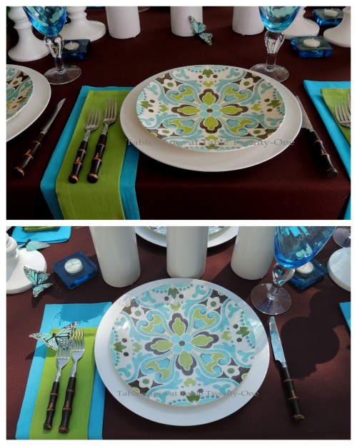 Tablescapes at Table Twenty-One - Butterfly Kaleidoscope: Single place setting in and out collage