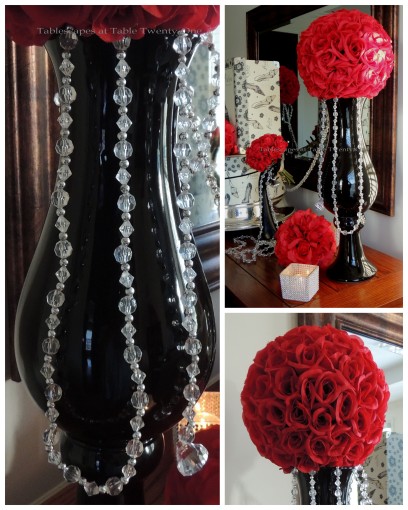 Tablescapes at Table Twenty-One – Diamonds Are a Material Girl’s Best Friend: Sleek black vase topped with rose ball, bling collage