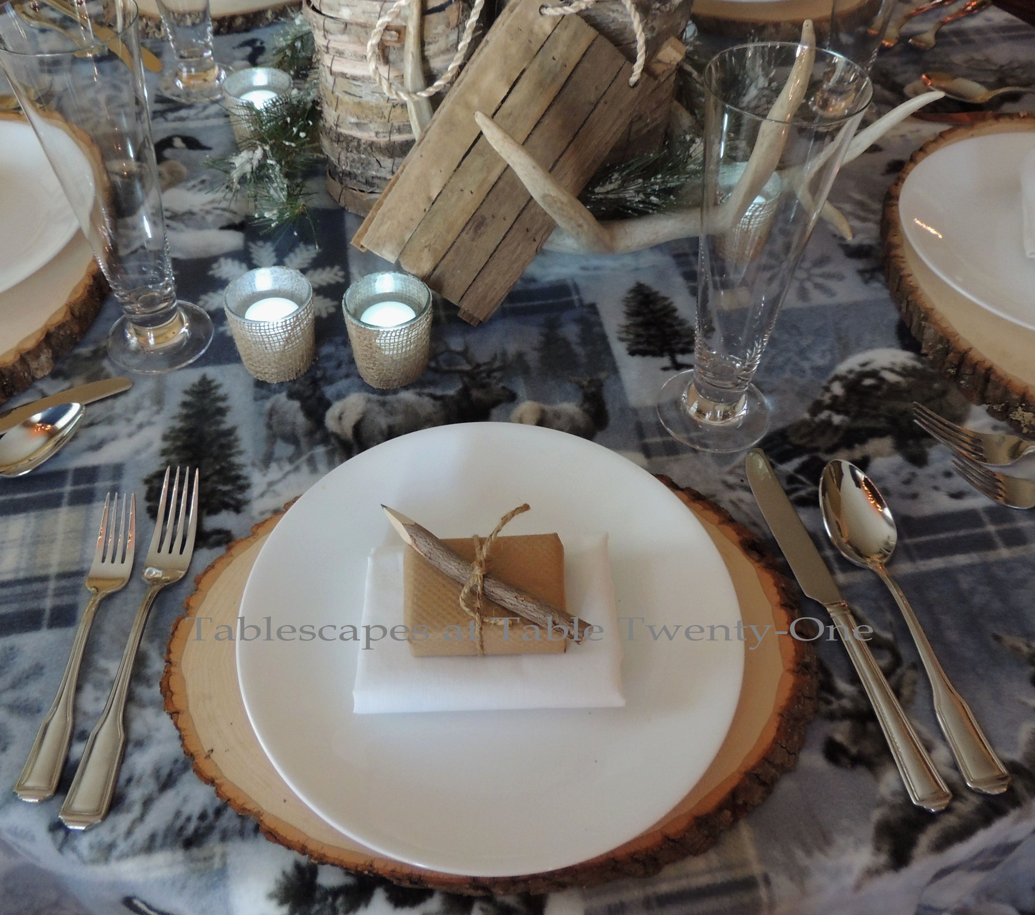 Tablescapes at Table Twenty-One, Woodland Men's Christmas Tablescape: Place setting
