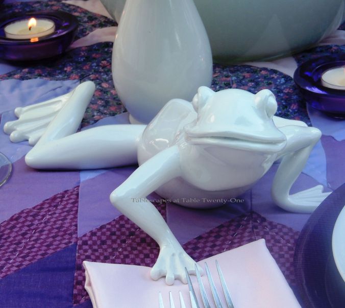 Tablescapes at Table Twenty-One, www.tabletwentyone.wordpress.com, Luscious Layers of Lavender: slithering white ceramic frog