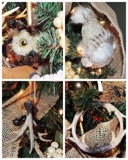 Alycia Nichols, Tablescapes at Table Twenty-One, www.tabletwentyone.wordpress.com, ”Timberland Christmas – 2014 Christmas Décor: Antler ornaments, owl ornament, woodland Santa ornament collage