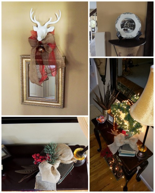 Alycia Nichols, Tablescapes at Table Twenty-One, www.tabletwentyone.wordpress.com, ”Timberland Christmas – 2014 Christmas Décor: Foyer decor - reindeer over mirror, foyer table, Currier & Ives plate on sconce collage